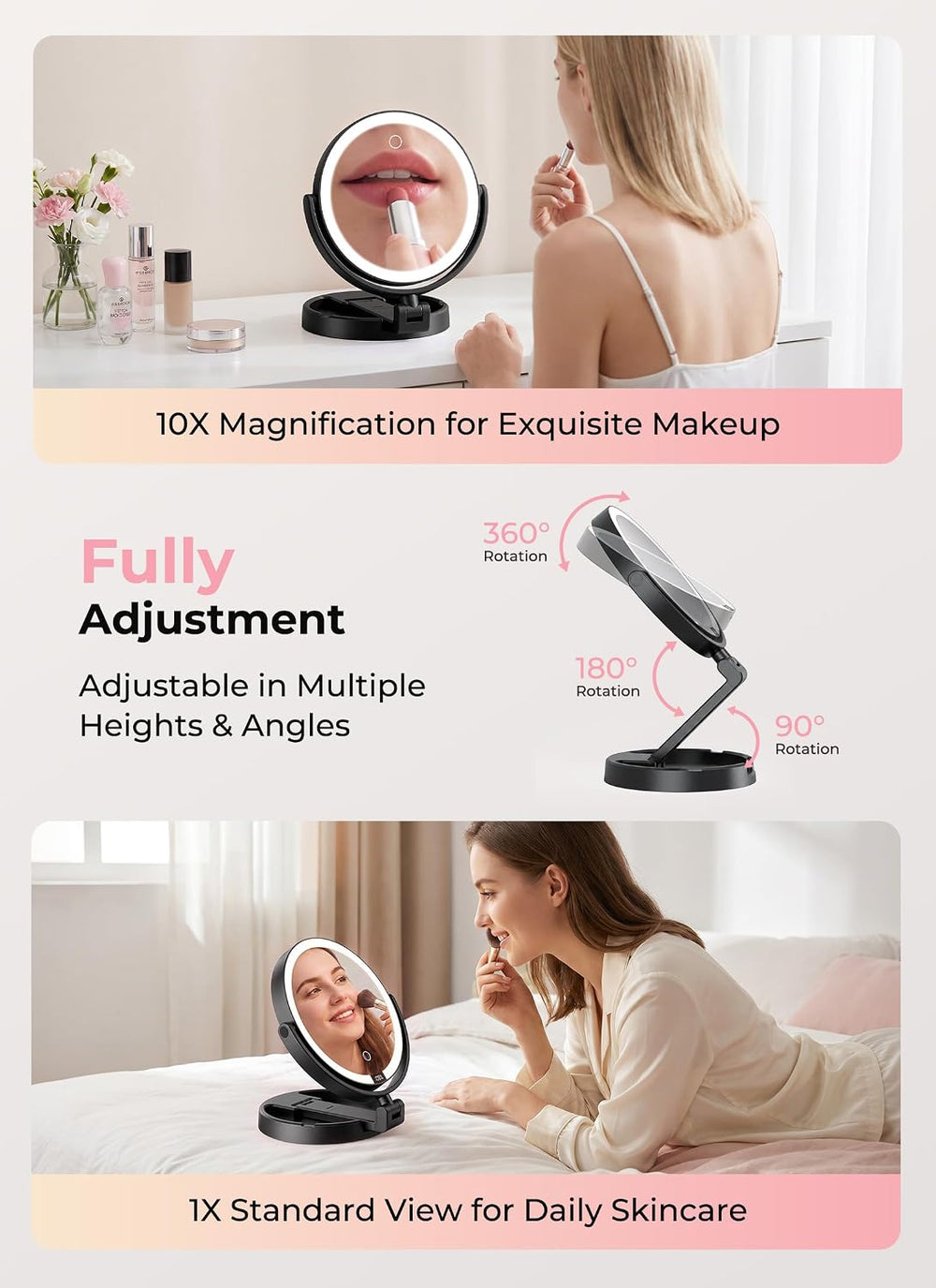 Lighted Travel Makeup Mirror,1X/10X Magnification,3 Light Modes,Black