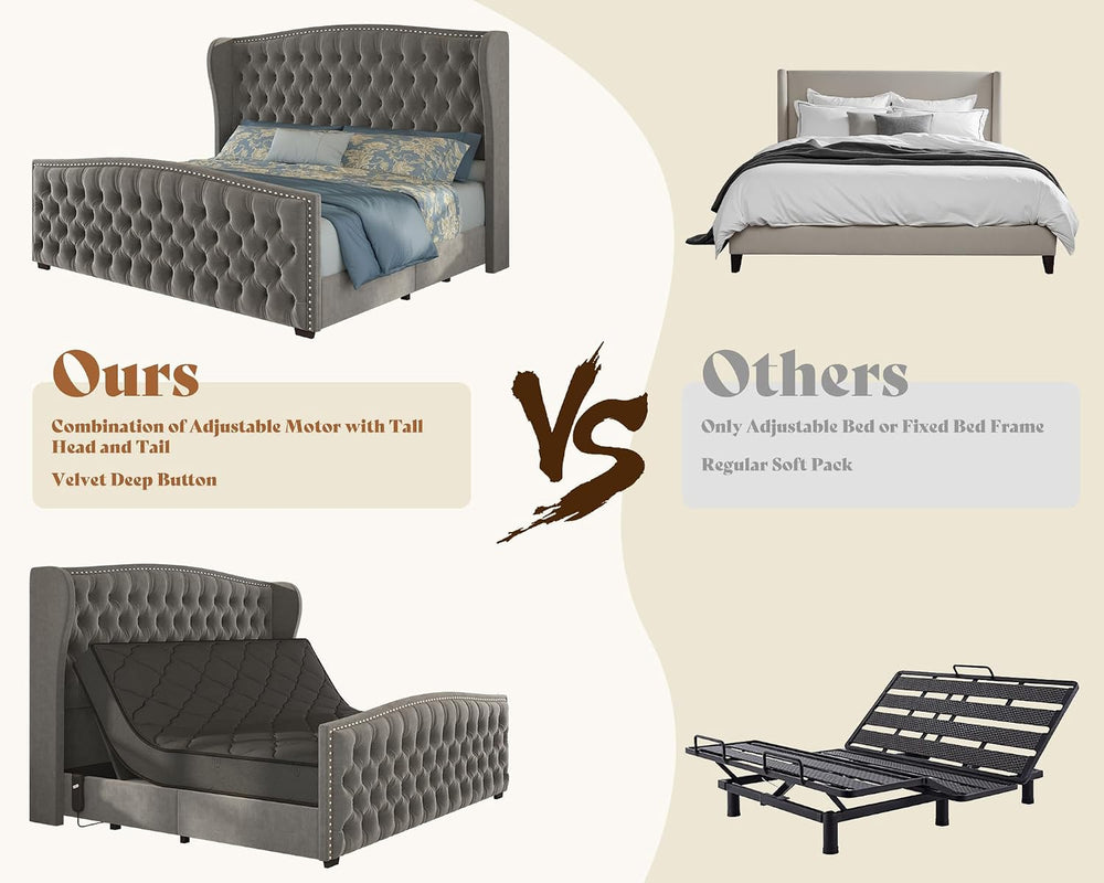 AMERLIFE King Adjustable Bed Frame with 51" Velvet Upholstered Headboard