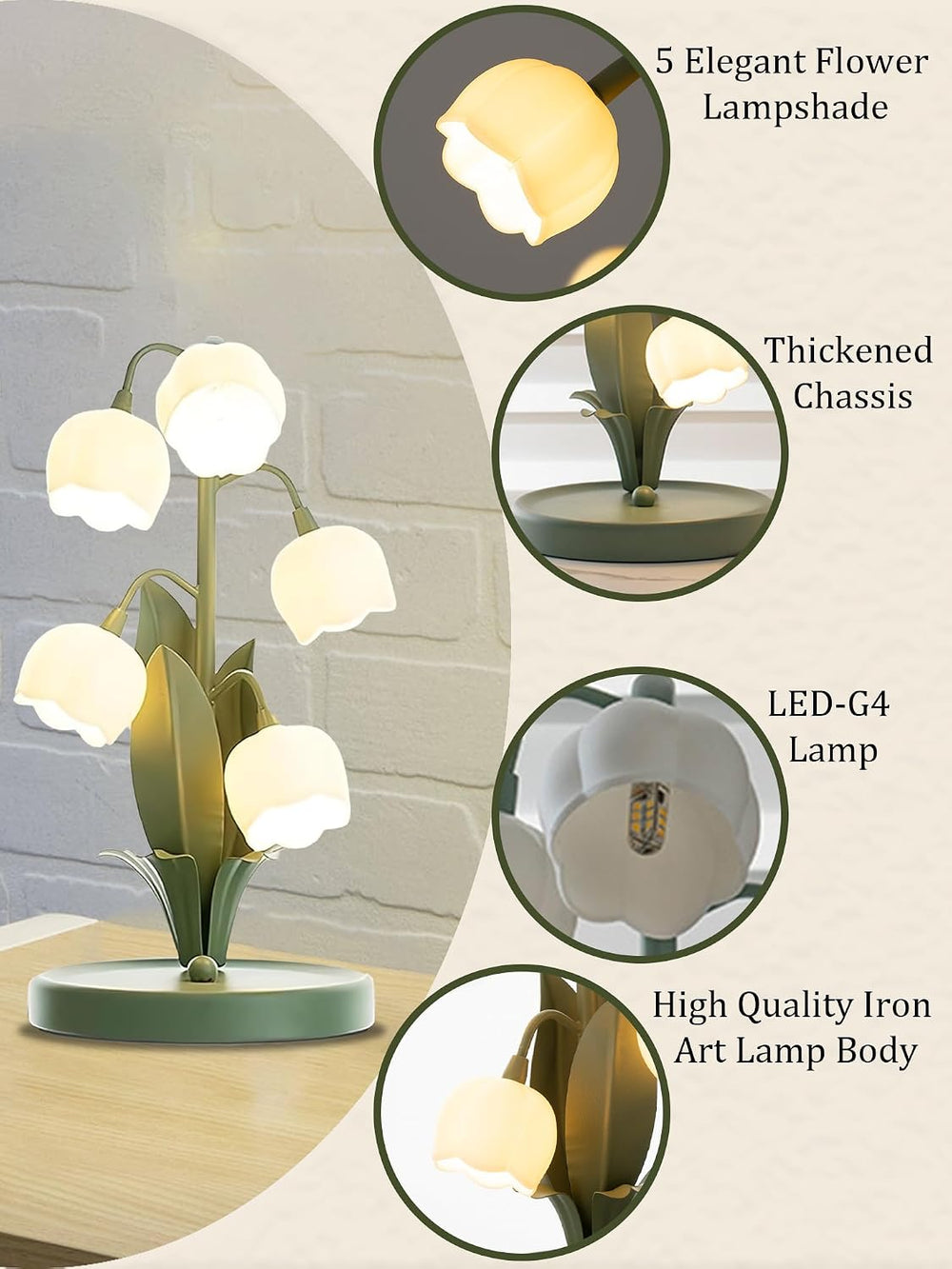 Green Flower Lamp for Home,5 Lily of The Valley Vintage Table Lamps
