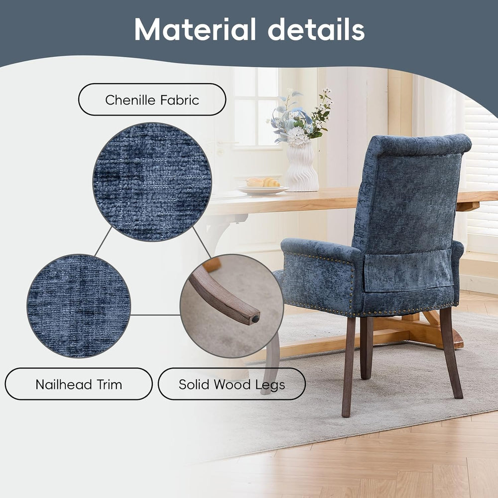 Blue Chenille Dining Chairs Set of 2, Tufted Upholstered Dining Room Chairs