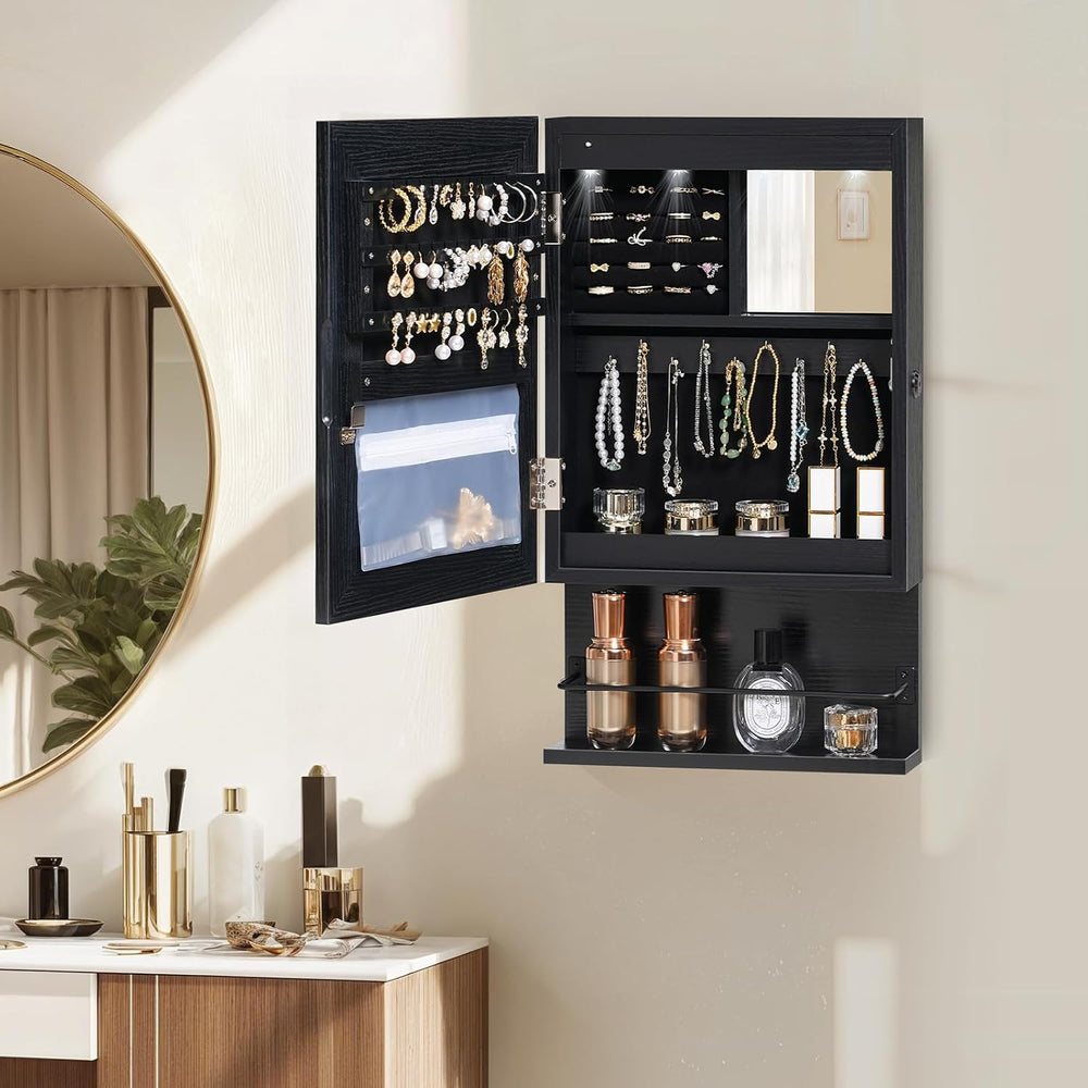 HOOBRO Wall Mounted Jewelry Cabinet, LED Jewelry Armoire with Interior Mirror...