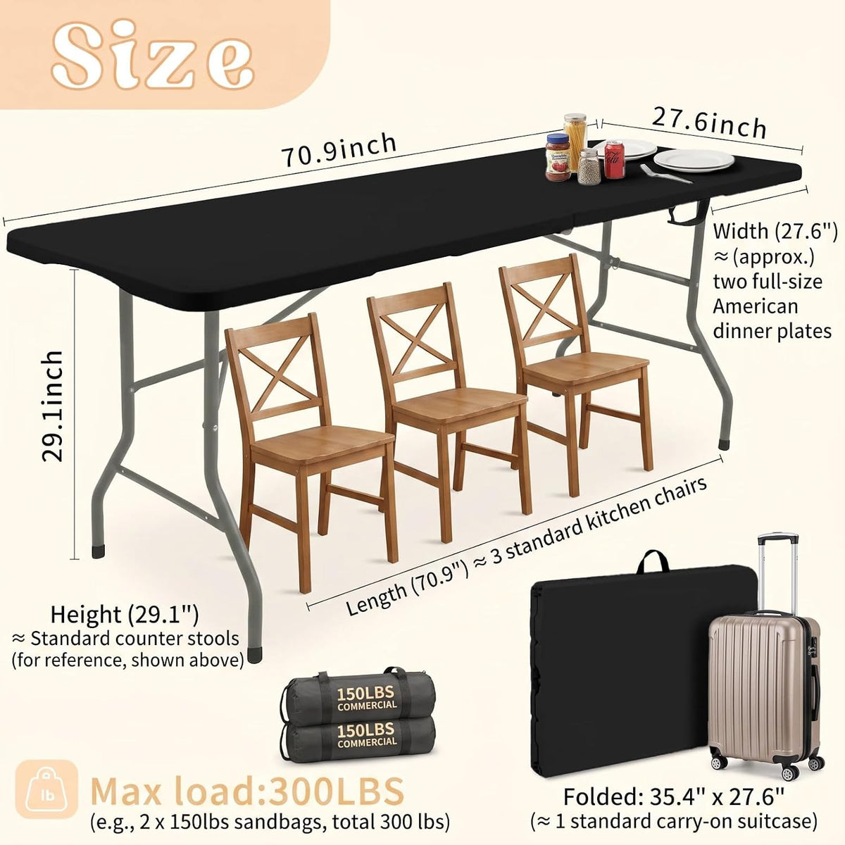 HAISIWLKJ Folding Table 6 FT Lightweight Camping Table Black Portable Plastic Rectangular Outdoor Dining Table Steel Legs Fold-in-Half with Carrying Handle for Indoor,Picnic,Party,Wedding,Events