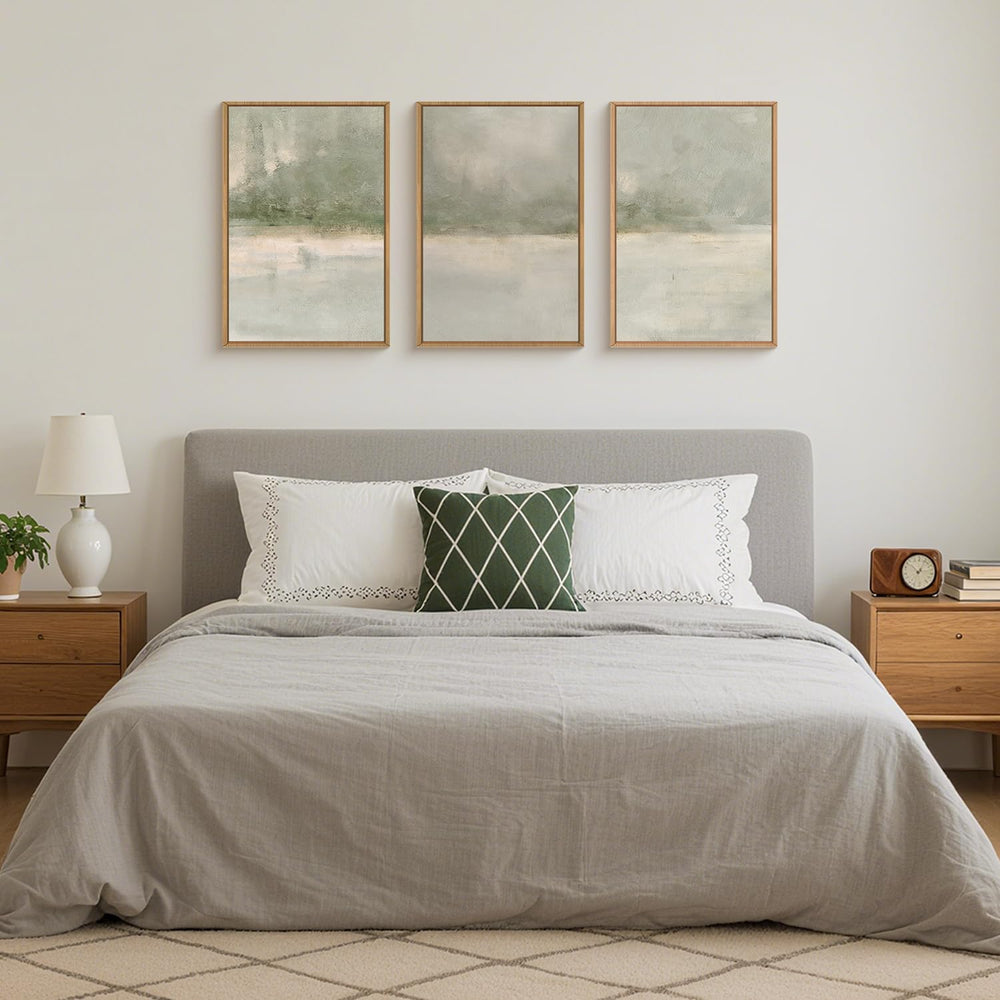 FWIEXA Grey Green Abstract Canvas Wall Art Set 3, Neutral Landscape Framed Pr...