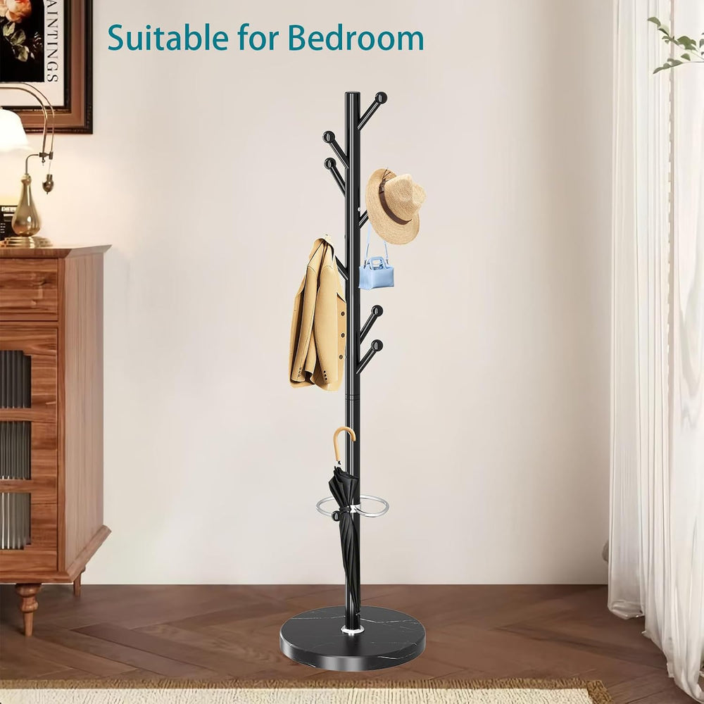 OIRUMIE Coat Rack,Coat Rack Stand with 8 Hooks Umbrella Hoolder Marble Base