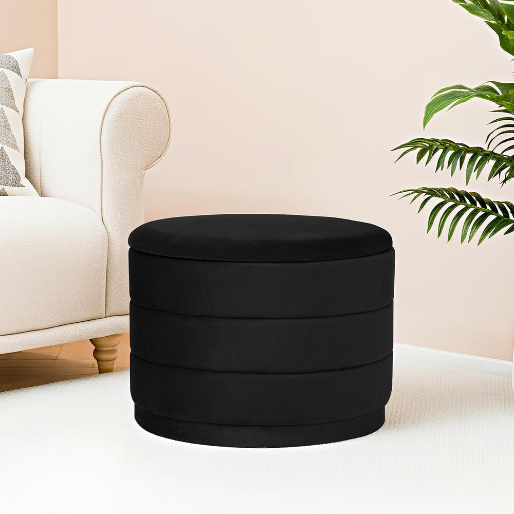 Round Storage Ottoman, 22.8 Velvet Footstool, Black