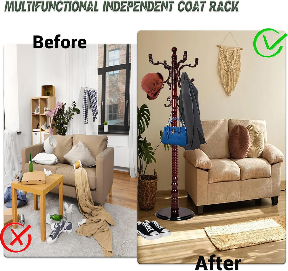 Wooden Coat Rack Freestanding, 14 Hooks, 73" Adjustable Height