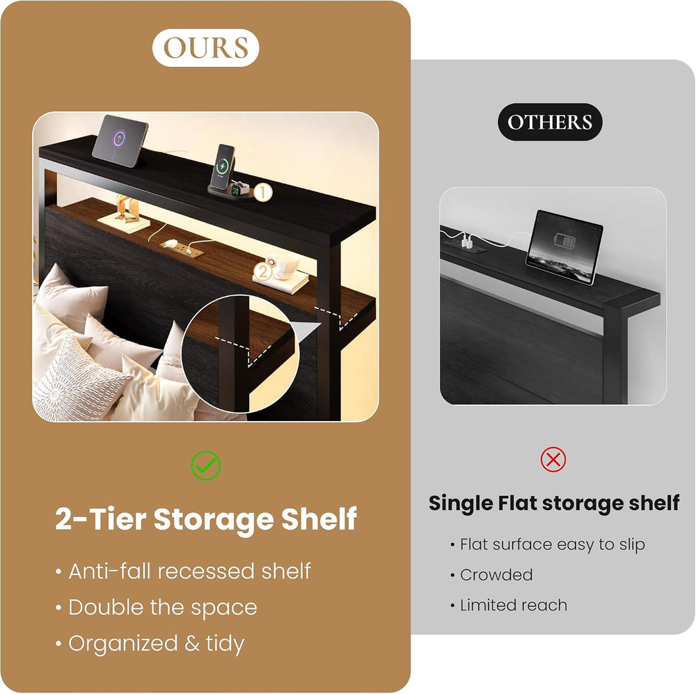SHA CERLIN Twin Bed Frame, 2-Tier Storage Headboard, LED, Charging Station