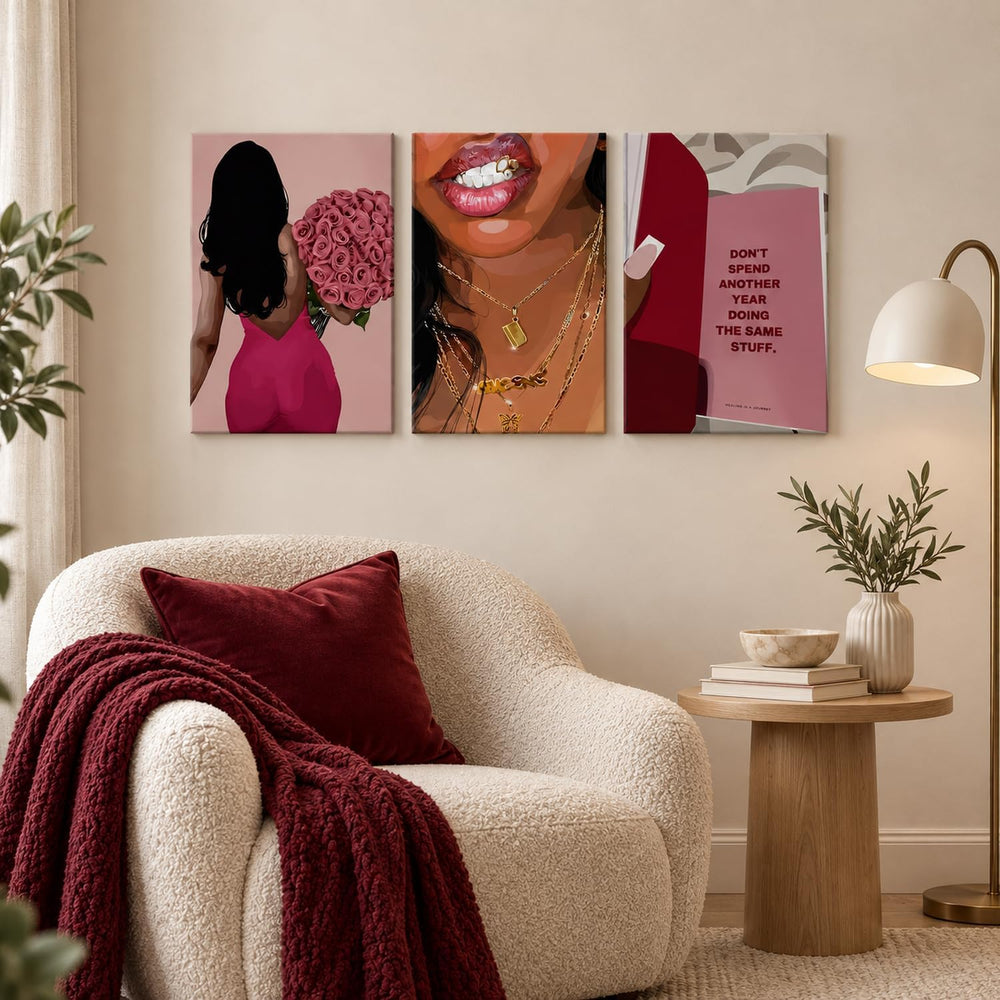 Pink Fashion Black Woman Canvas Wall Art Set of 3 African American Girl Wall ...
