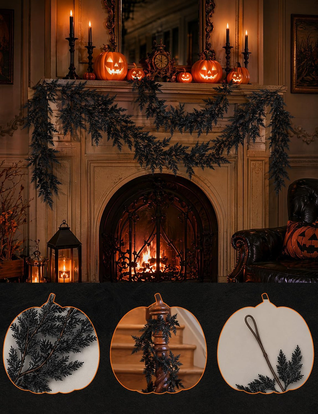 2 PCS 5.91 FT Black Halloween Cedar Pine Garland, Realistic Spooky
