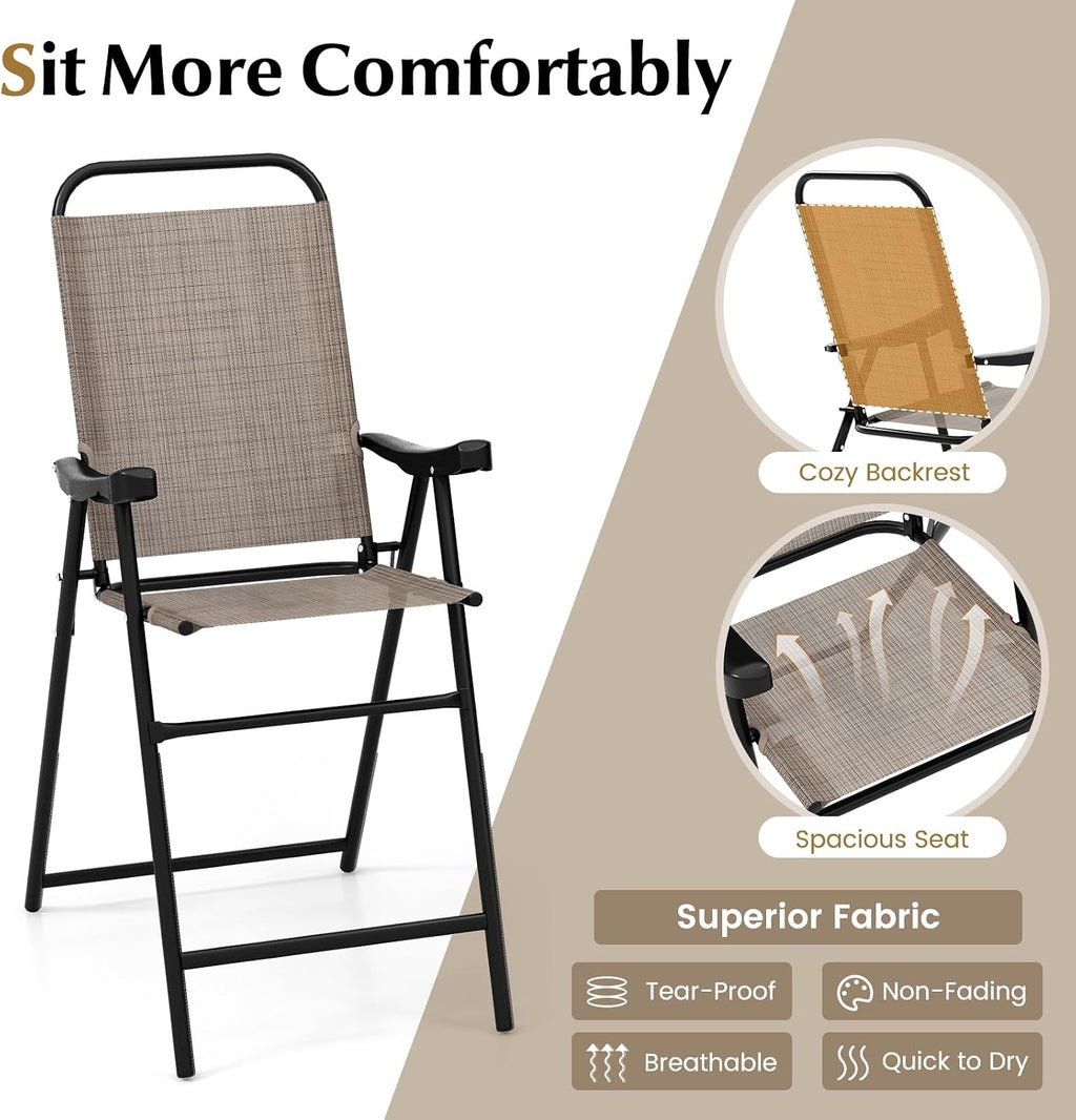 COSTWAY 2 Pieces Patio Folding Bar Chairs with Metal Frame, Footrest, Arms