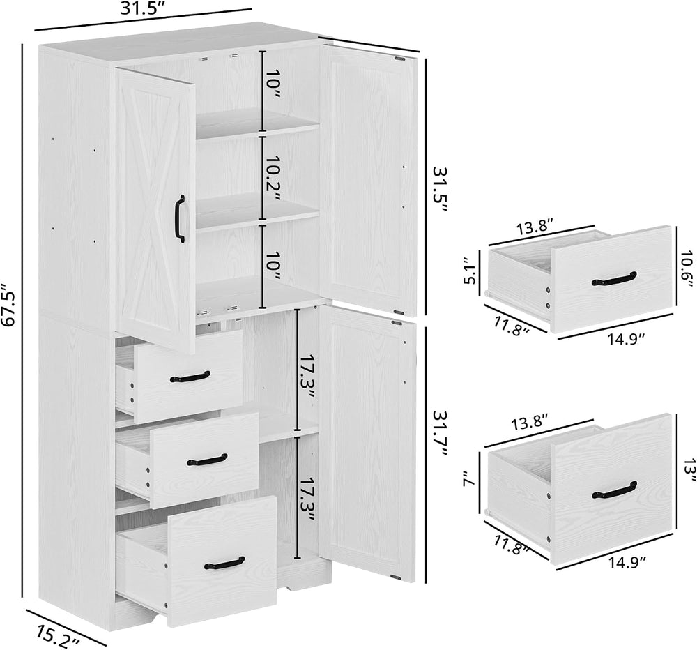IRONCK Pantry Cabinet, Kitchen Storage Cabinet with 3 Door & Drawer, White