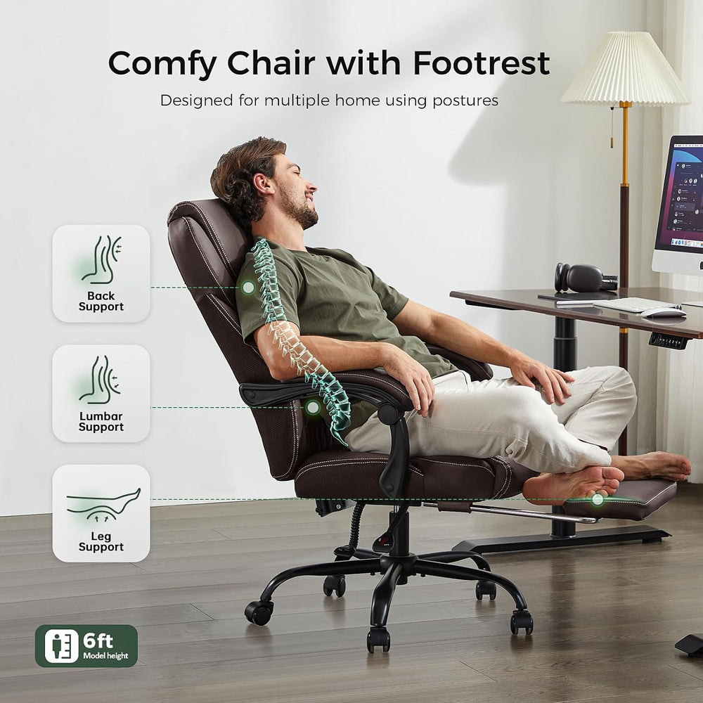 amseatec Big and Tall Office Chair with Footrest, Lumbar Support, Brown