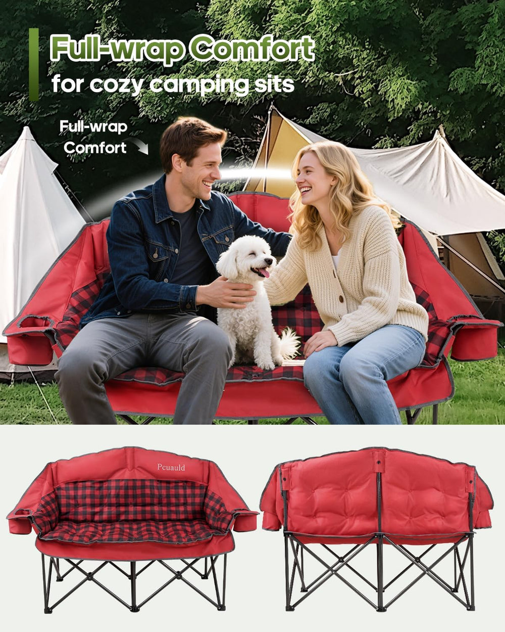 Padded Double Camping Chair Loveseat Oversized Camping Couch, Red