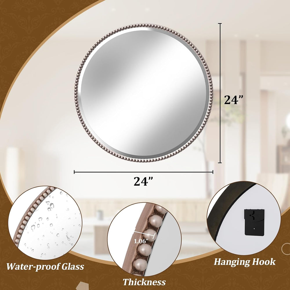 24'' Round Bathroom Mirror, Beaded Circle Decorative Wall Mirror