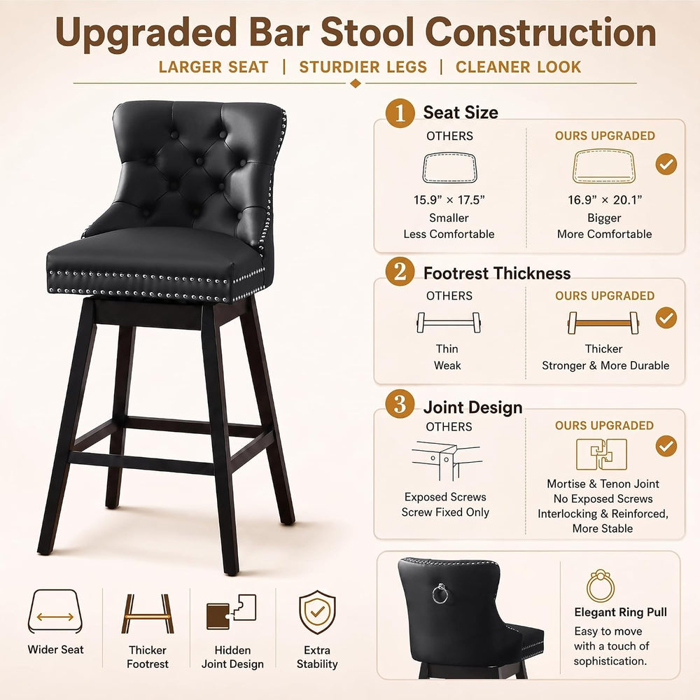Black Swivel Bar Stools Set of 2, 30 Inch Counter Height Chairs
