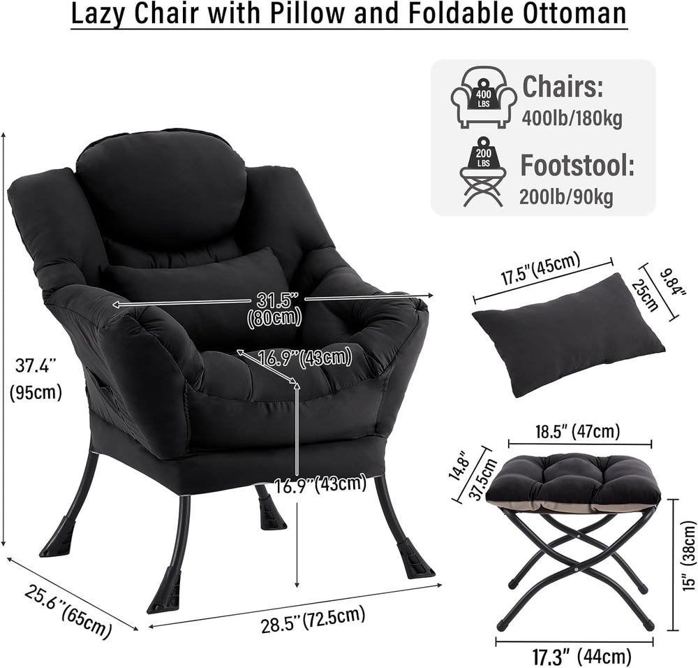 Lazy Chair with Ottoman, Comfy Chair with Pillow， Black