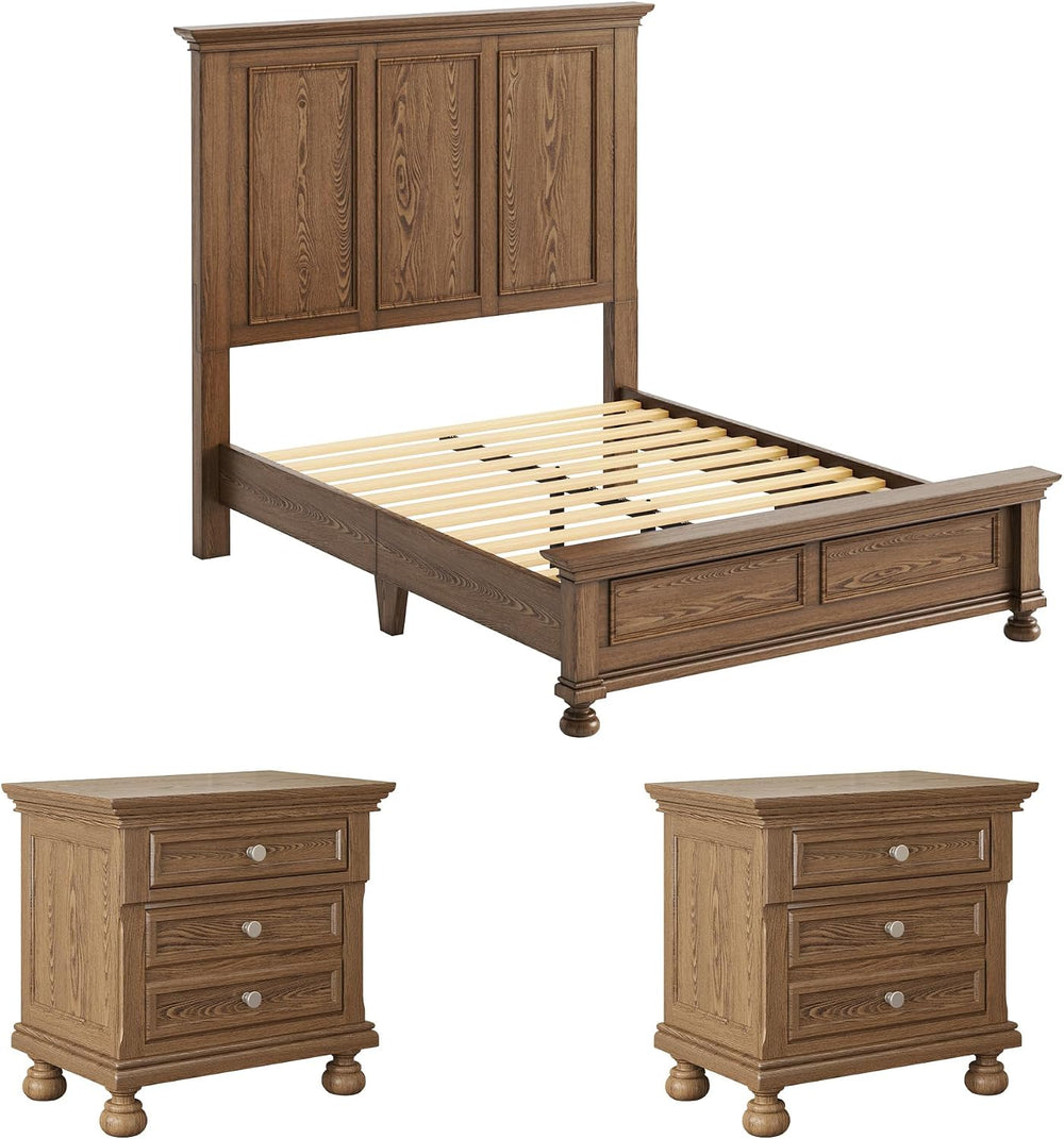 AMERLIFE Solid Wood 3-Piece Set, Queen Bed & 2 Nightstands, Light Brown