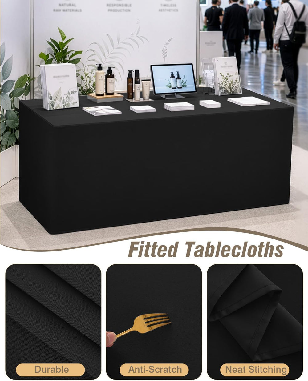 2 Pack Black Open Back Fitted Tablecloth Rectangle for 6ft Table