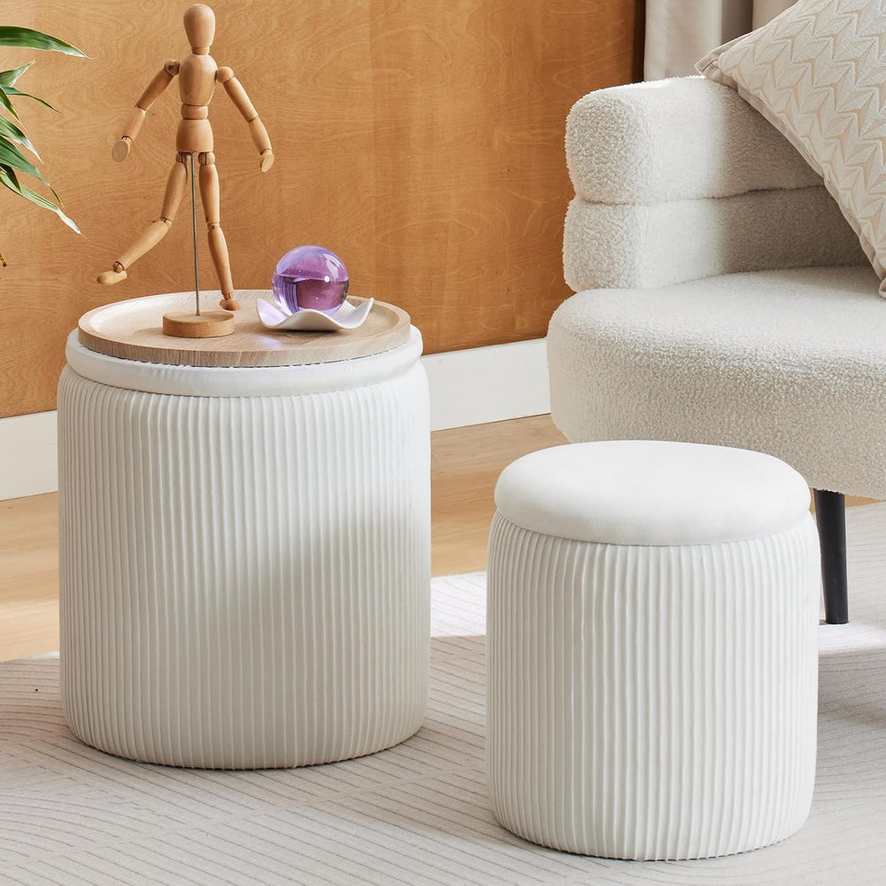 BLEXA Round Ottoman with Storage Set of 2-White Velvet Vanity Stool