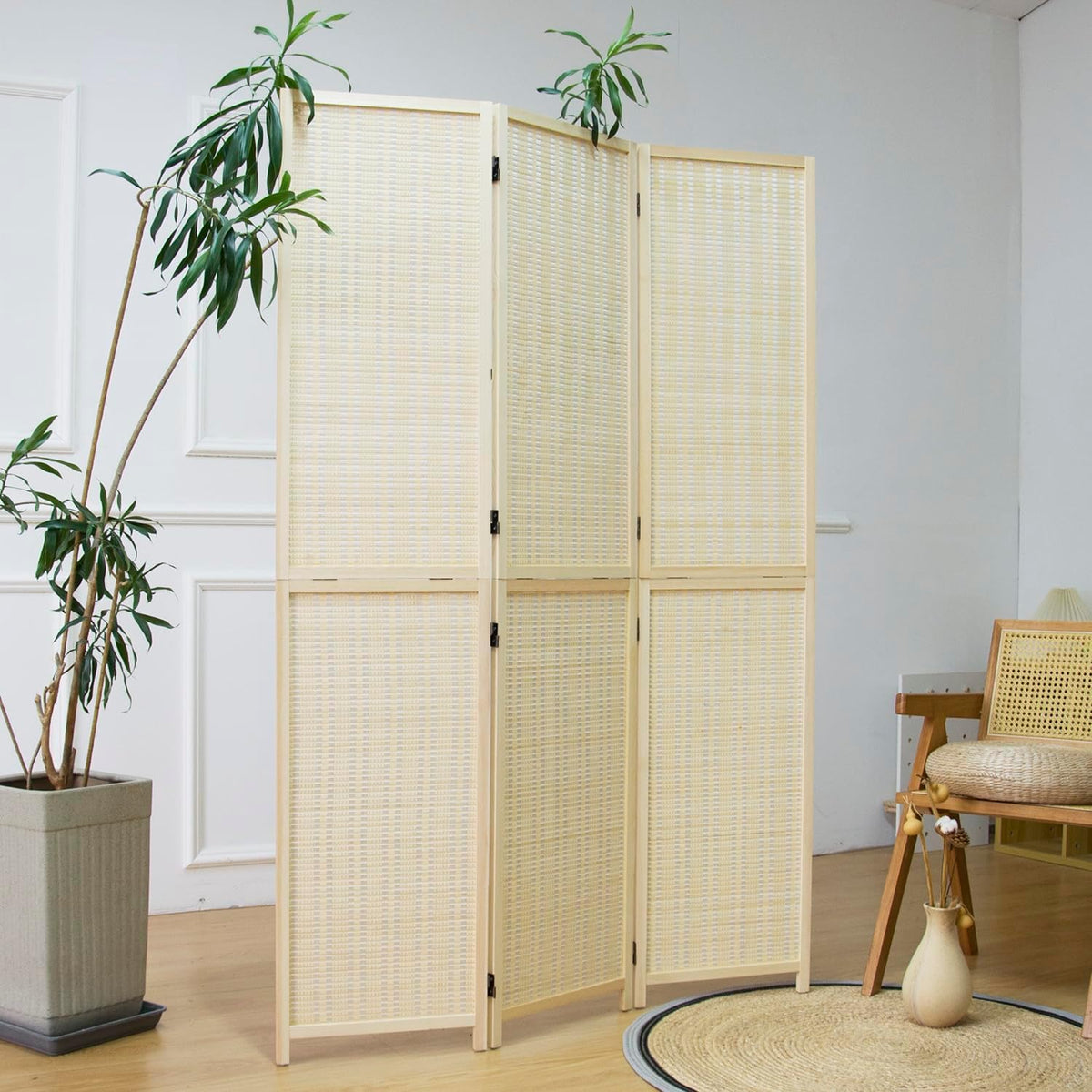 Furnnylane 3 Panel Room Divider and Folding Screen Divider,Two in One Detachable and Foldable Panel Divider for Room Separation,Beige,67" H x 46" W