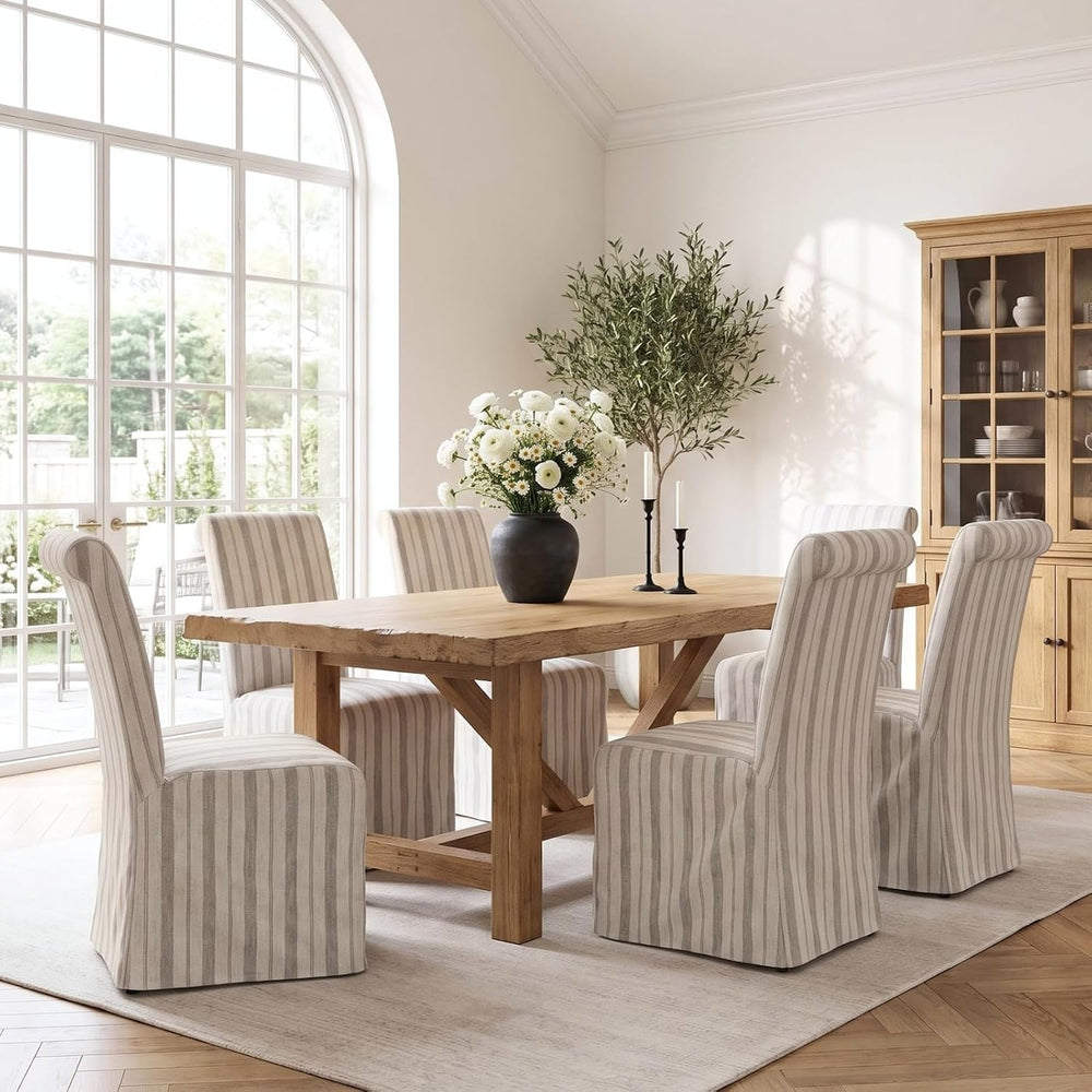 Upholstered Slipcovered Dining Chairs Set of 6, Khaki Stripe