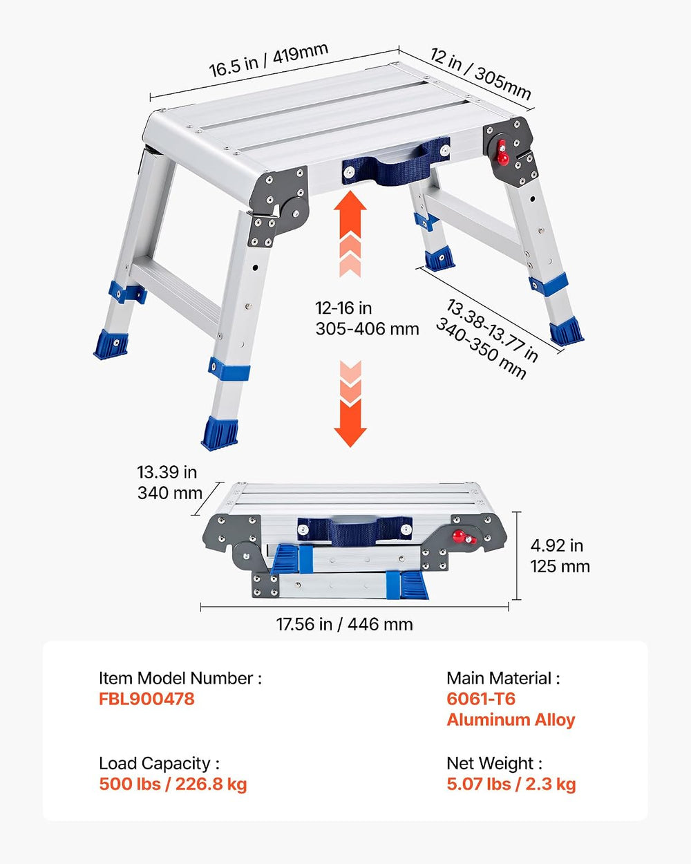 VEVOR Folding Work Platform, Adjustable Height 12-16 in, 500 lbs Capacity Alu...