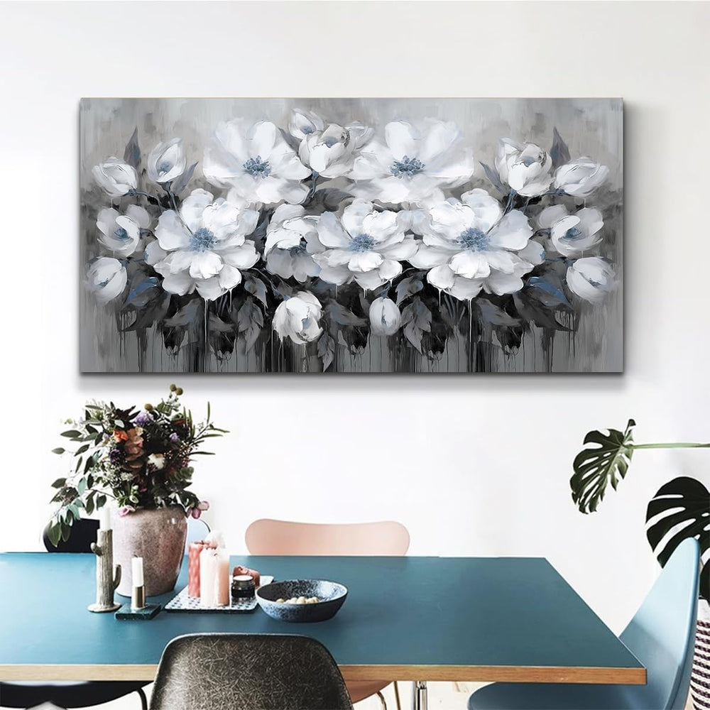AnZhongArt Living Room Wall Art,White and Blue-gray Flower Landscape for Livi...