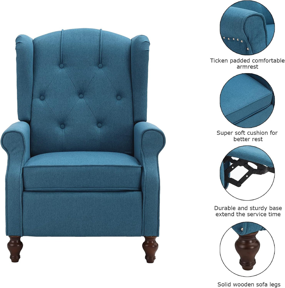 Wingback Chair, Push Back Recliner Armchair, Blue, Single