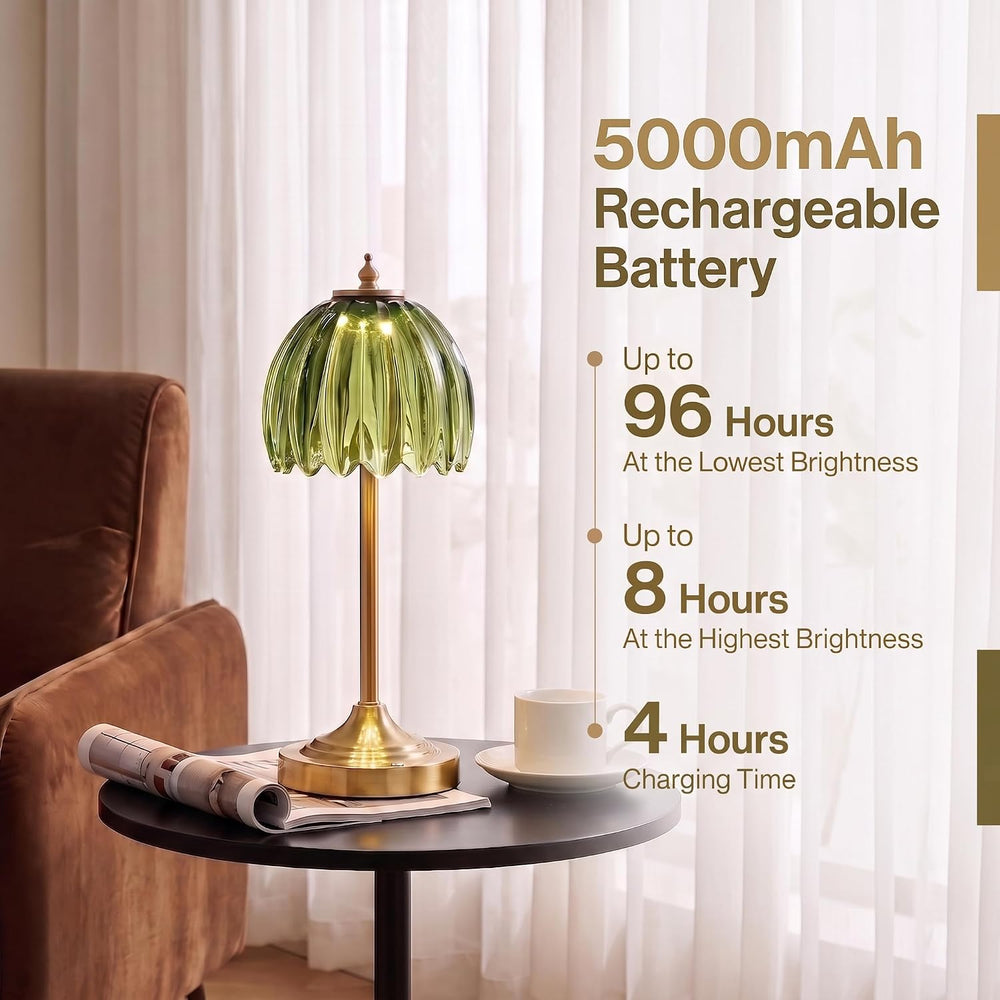 Tulip Glass Rechargeable Table Lamp, Floral Cordless Table Light(Green)