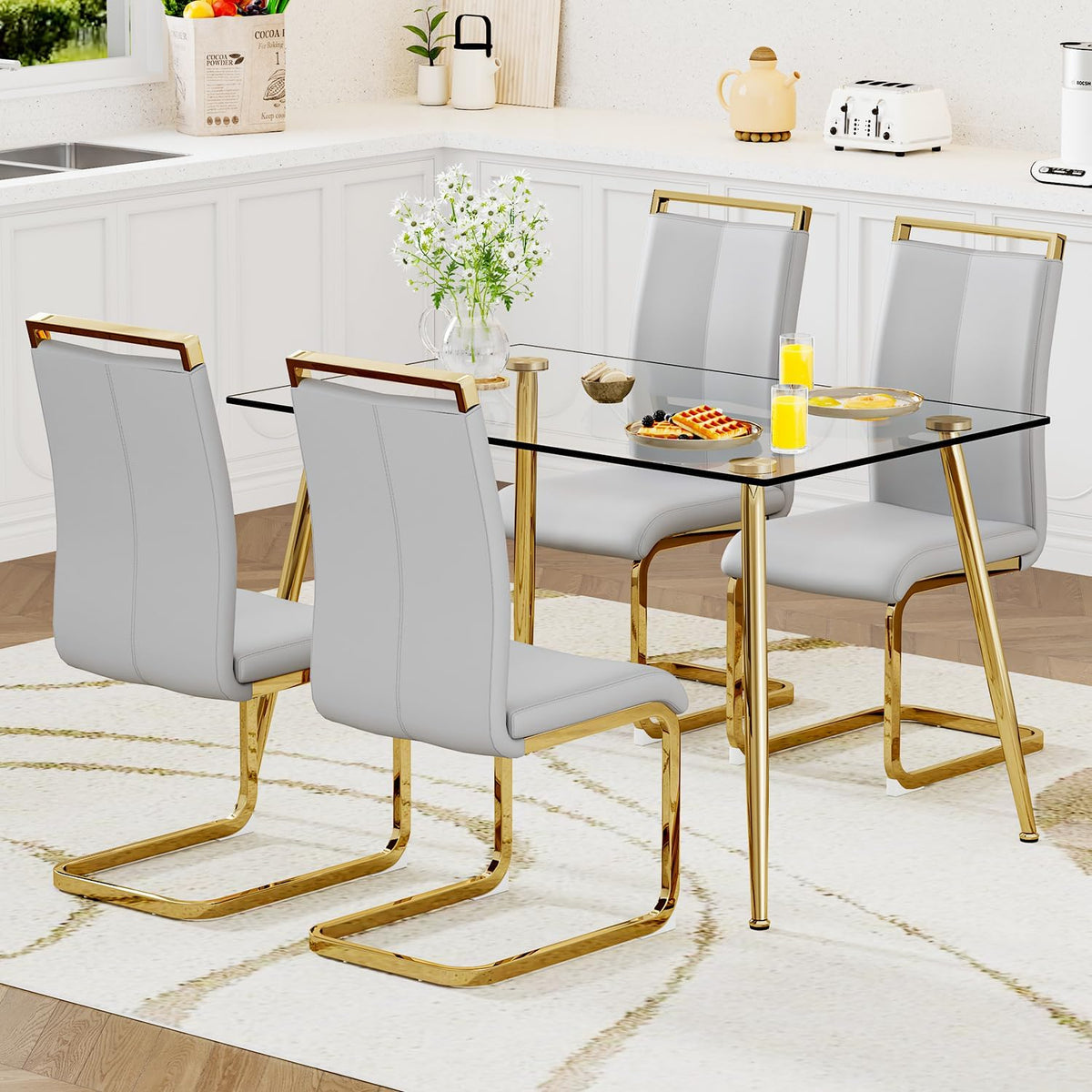 Ebullient Glass Dining Table Set for 4,5 Piece Dining Table and Chairs Set，Modern Kitchen Dining Room Table with 4 PU Leather Chairs,Dinner Table Set