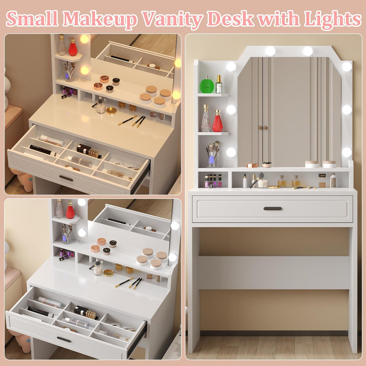 Makeup Vanity with Mirror with Lights for Girls White Lighted Vanity Desk Small Makeup Vanity Table Set with Storage Drawers 3 Lighting Modes & Adjustable Brightness