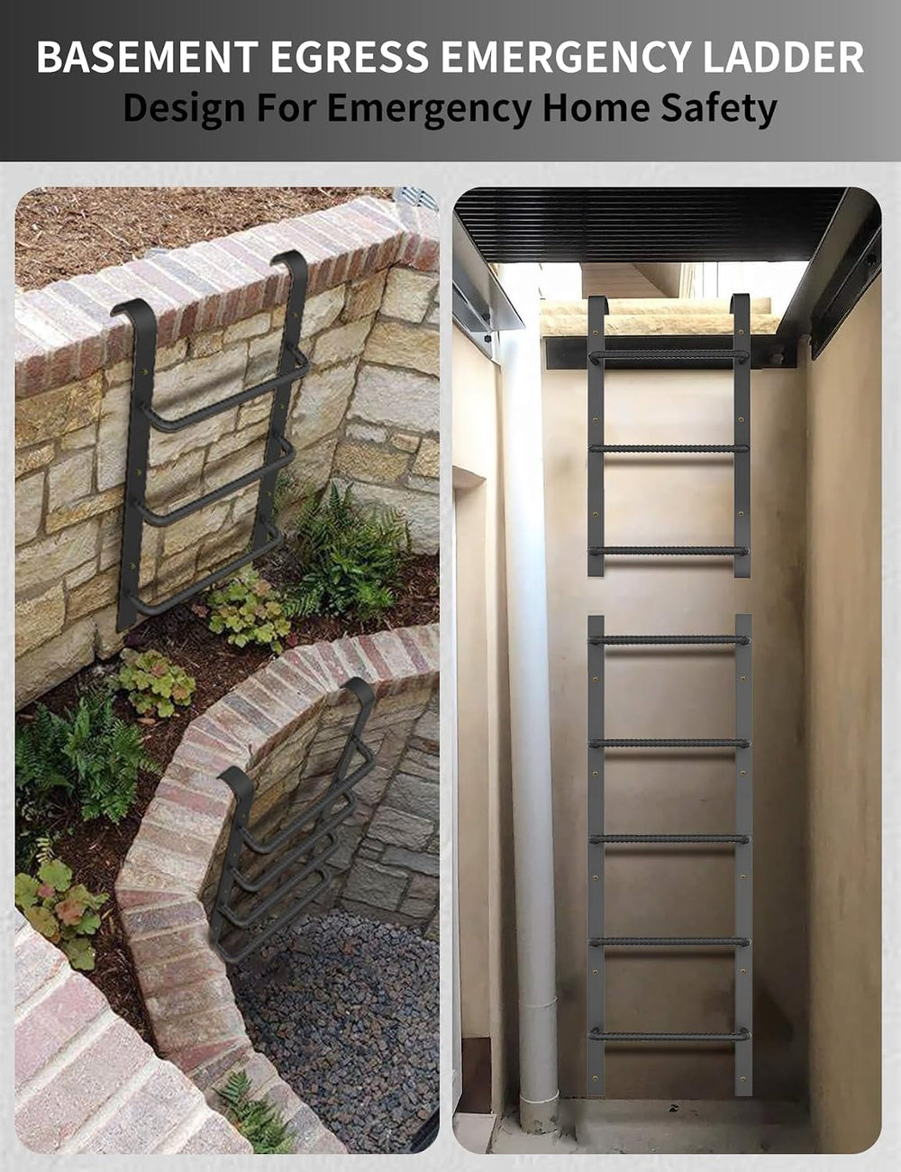 3-Rung Hooked Window Well Ladder, Basement Egress Fire Escape Ladder