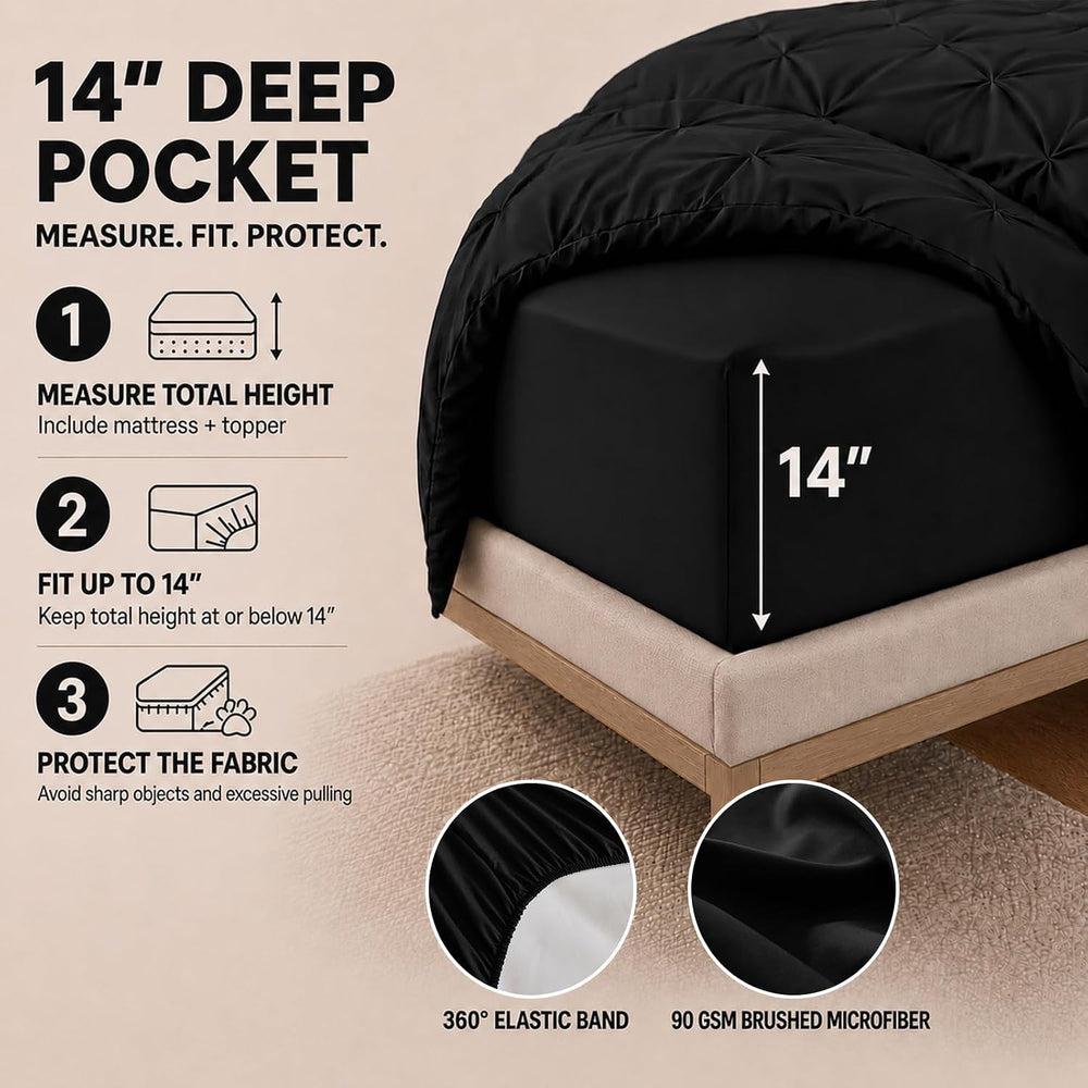 HIMEET King Size Comforter Set Black - 7 Pieces Pintuck Bed in a Bag