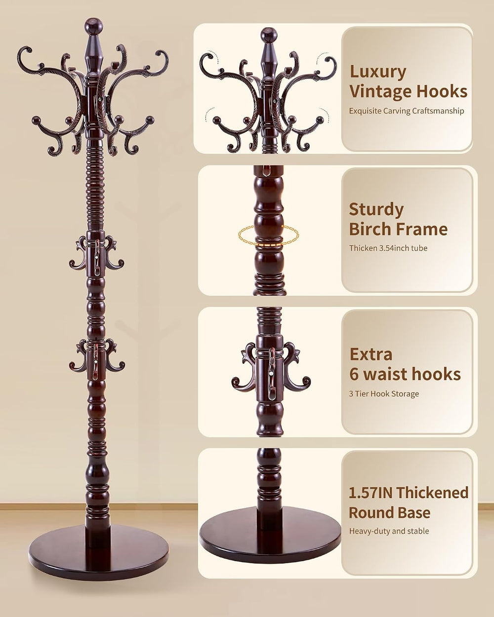 EZIVIEZ Coat Rack Vintage Solid Wood Coat Rack Freestanding with 14 Hooks