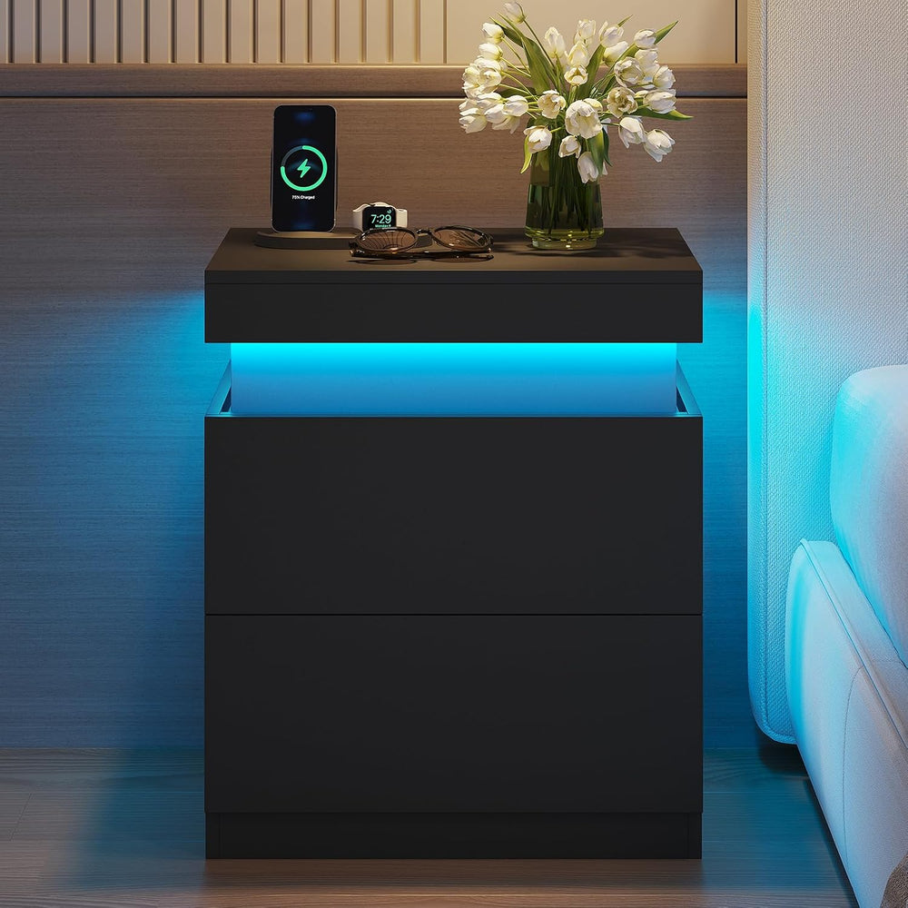ADORNEVE Modern Black Nightstand Set of 2,Small Bedside Table with Drawers