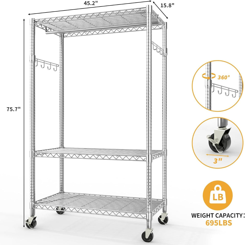 Garvee 3 Tier Clothes Rack with Wheels Portable Closets Adjustable Shelves