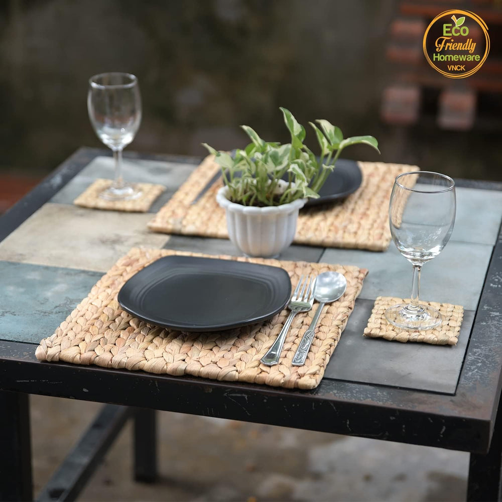 Square Placemats Set of 6, Water Hyacinth Woven Placemats for Dining Table, B...