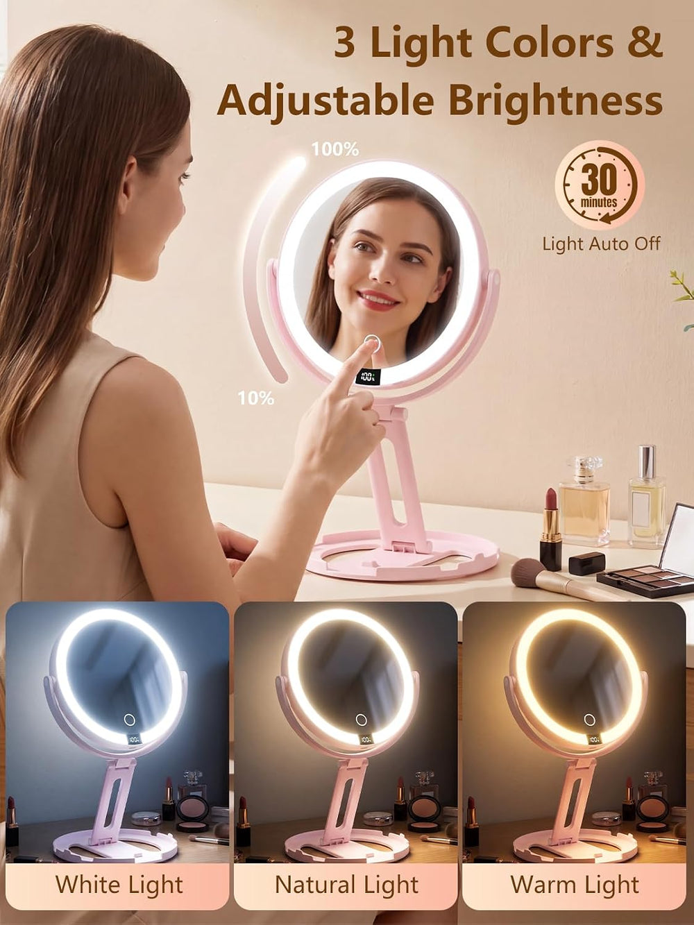 Gospire Foldable Travel Makeup Mirror with Lights, 1X/20X Magnification