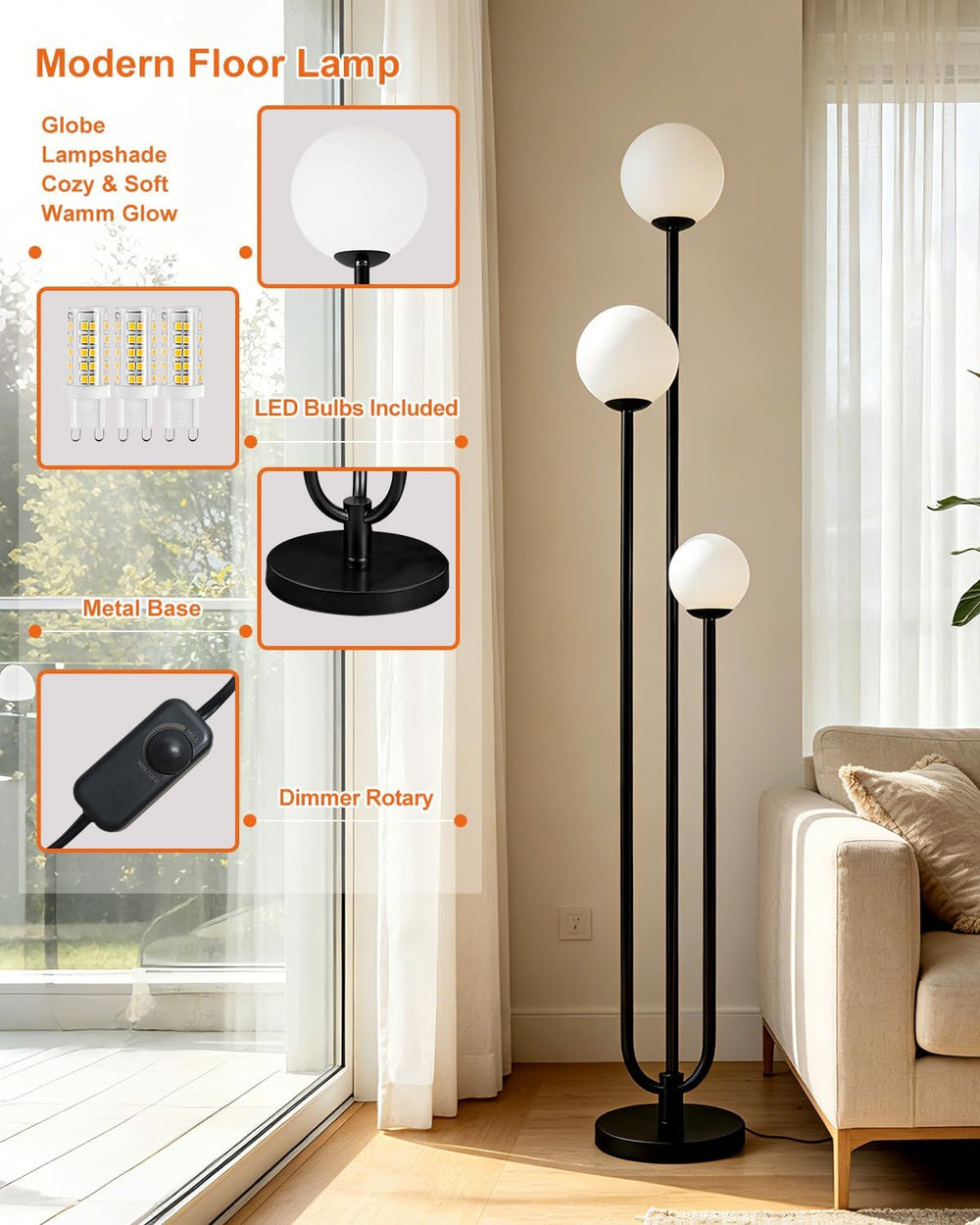 63IN 3-Light Dimmable Floor Lamp, Unique Black Tall Standing Lamps with 3000K...