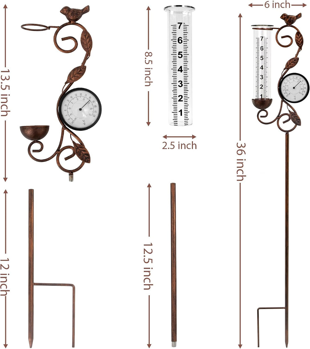 36in Bird Rain Gauge Thermometer Bronze Metal Garden Stake Decor