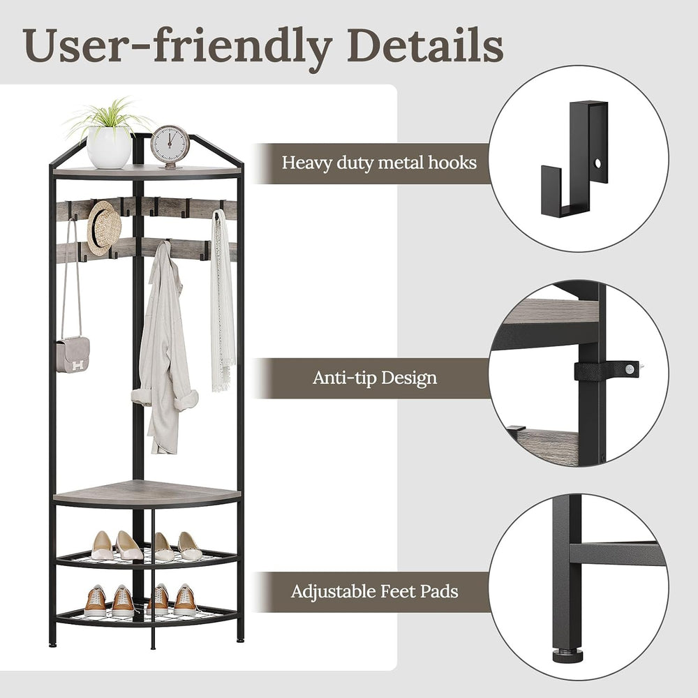 GiftGo Grey Corner Hall Tree with Shoe Bench Entryway Coat Rack with 10 Metal...