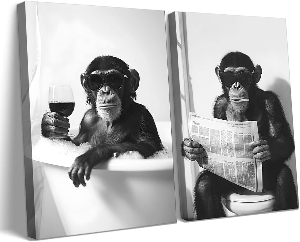2Pcs Funny Monkey Bathroom Wall Art Chimpanzee in Bathtub Wall Decor Black an...