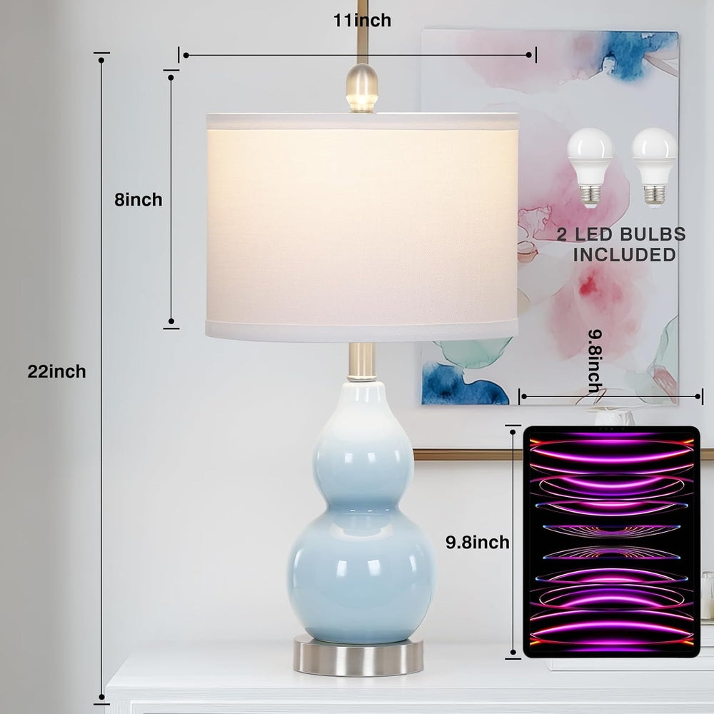 22" Double Gourd Ceramic Table Lamps Set of 2, Blue Modern Bedside Lamps...