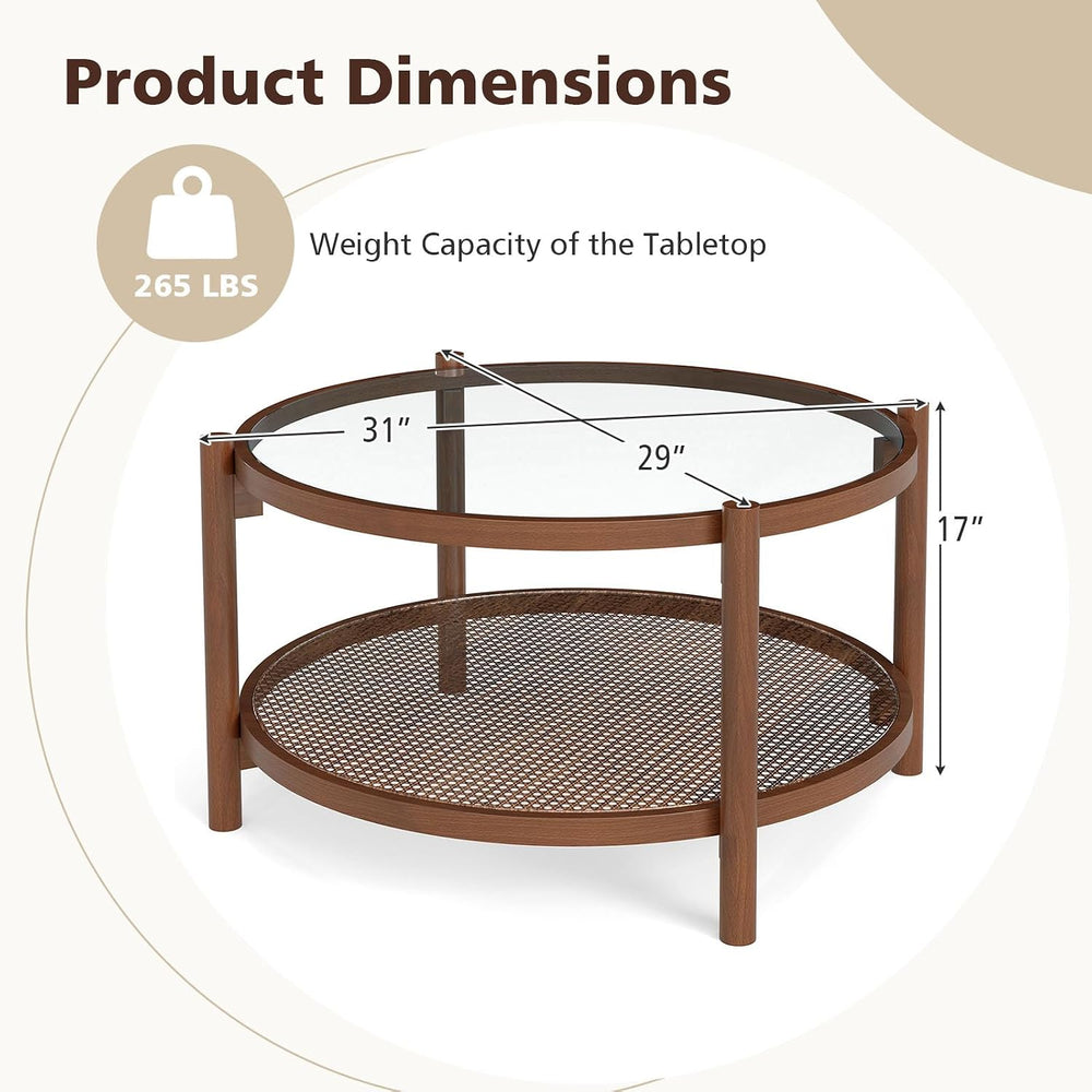 GOFLAME Rattan Coffee Table, Boho Glass Center Table with Solid Wood Frame, T...