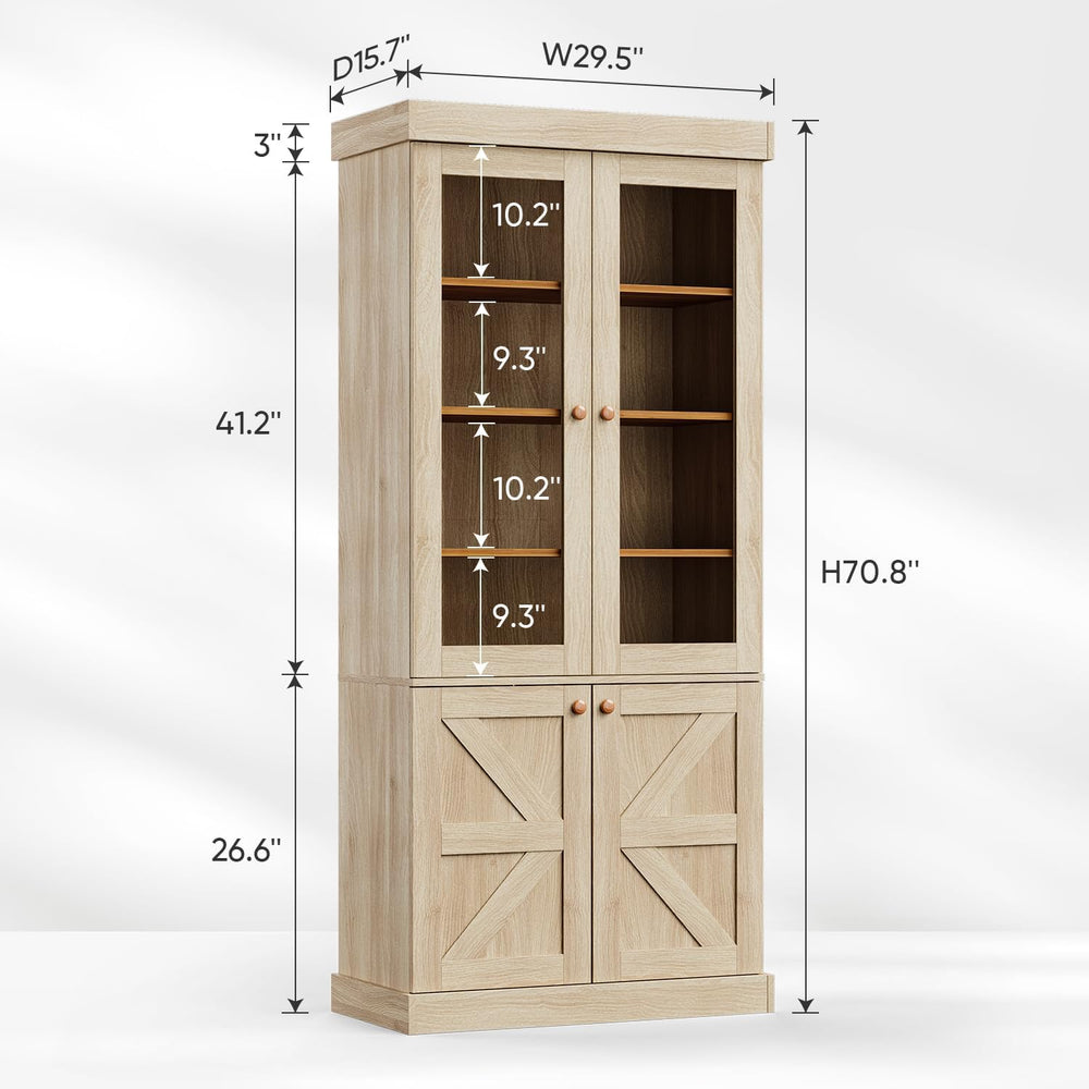 Vyre 71" Tall Farmhouse Bookshelves with Glass Doors, Brown Large Modula...