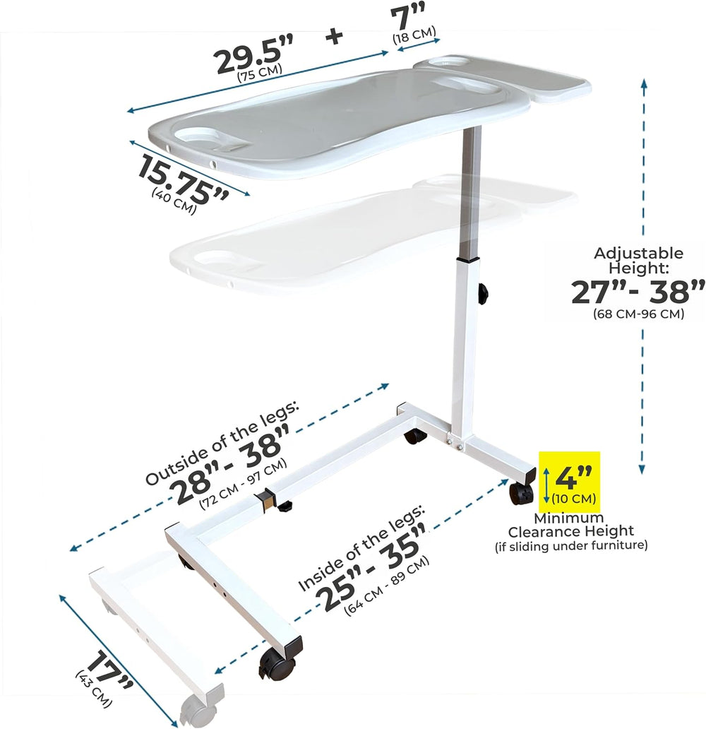 Large Table for Bed with Plastic Tabletop, Over Bed Table with Wheels, Adjust...
