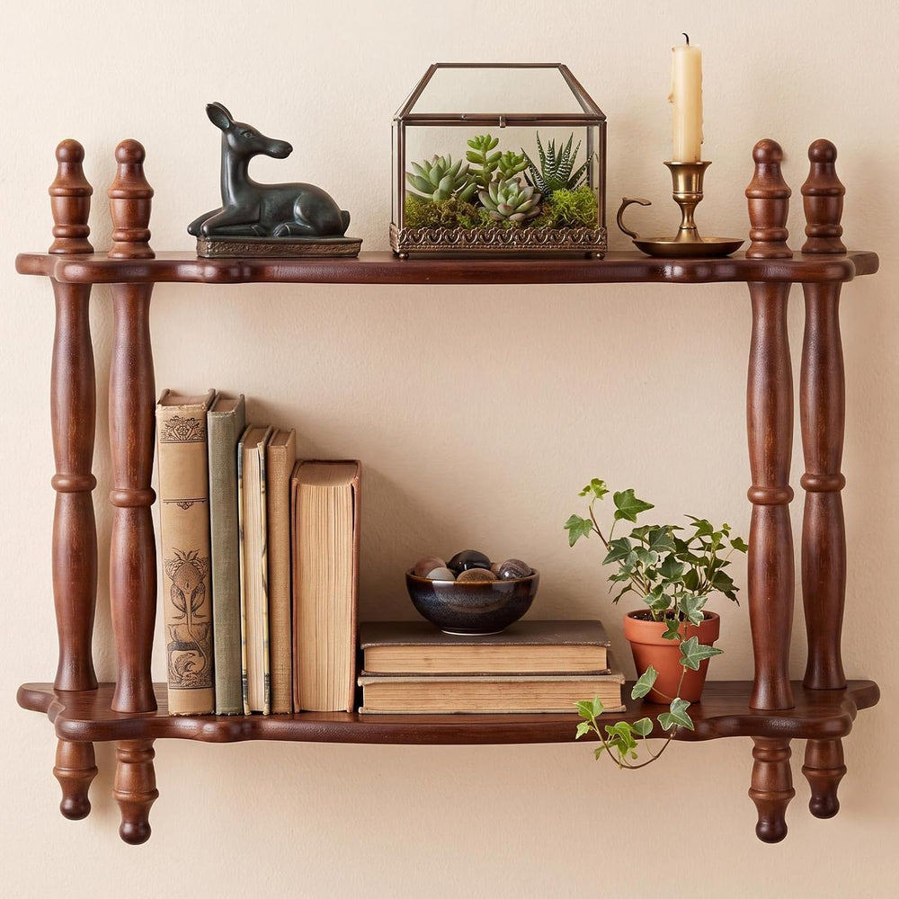 Pinkunn 2-Tier Vintage Wooden Wall Mounted Floating Shelf, Brown, 15.7''