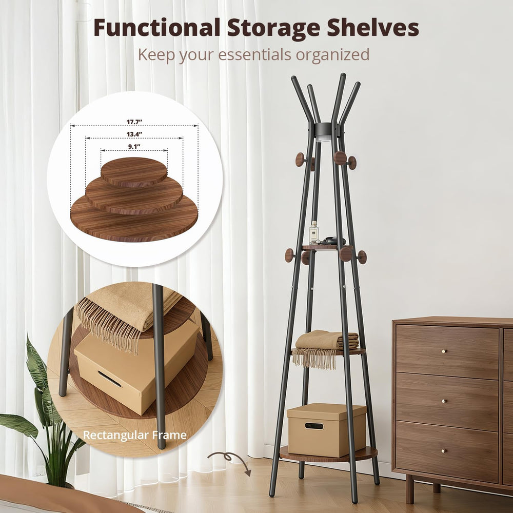 young master Freestanding Coat Rack with Light, 12 Hooks & 3 Wood Shelves...