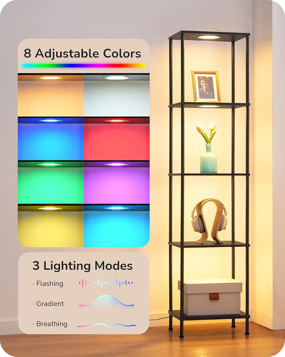 EDISHINE RGBW Floor Lamp with 5-Tier Display Shelf, 3 Modes Remote, Black