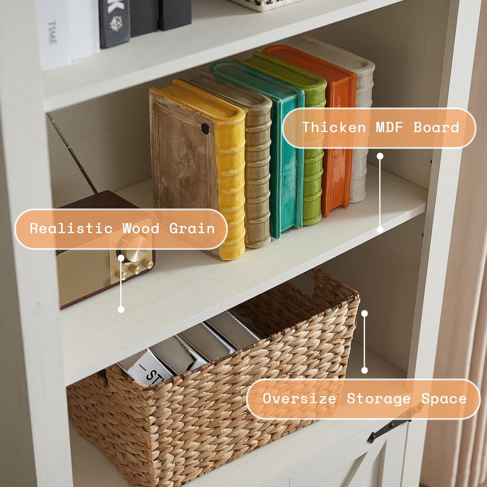 AMERLIFE 5-Tier Farmhouse Bookcase with Barn Door Storage, Rustic White